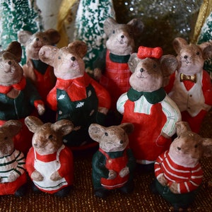 Vintage Mouse Christmas family set, paper Mache, ten in set, hand painted, rare, Christmas mice figurine holiday decor