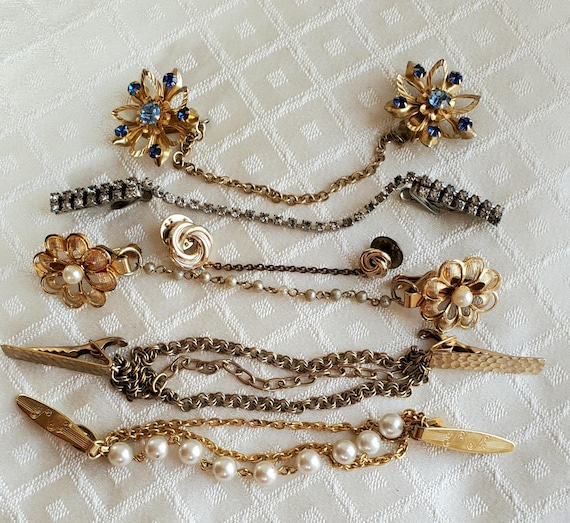 Vintage sweater cardigan clips /guards jewelry, floral, faux pearl, bar, Choice