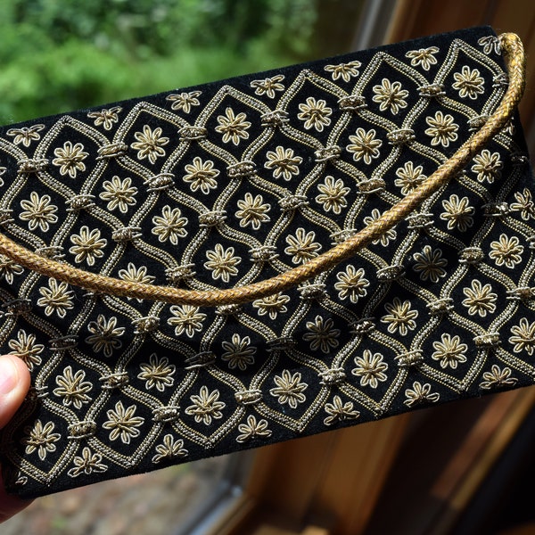 Vintage velvet floral metallic embroidered clutch purse, gold and silver metallic, black small evening clutch, gold braided strap, India