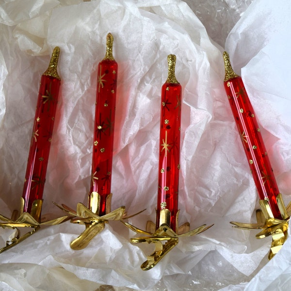 Four vintage Italy red glass gold star candle clip on Christmas ornaments, Italian glass candles, clear red glass candle clip ornament