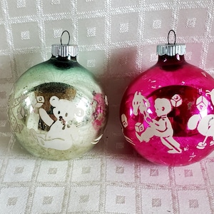Nursery rhyme Shiny Brite hot pink/ green mercury glass stencil ornament, vintage nursery rhyme ornament, clown, duck, boat, horse, Choice