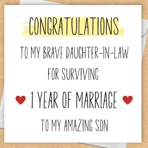 Tarjeta de aniversario divertida en papel para el primer aniversario de bodas para hijo y nuera