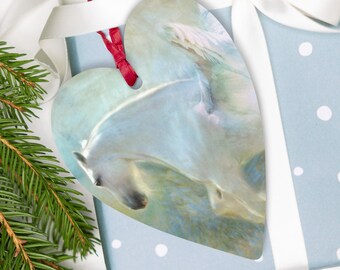 Pegasus Heart Shaped Wooden Ornament, with Magnet and Ribbon to Hang, Horse Lover Year Round Gift