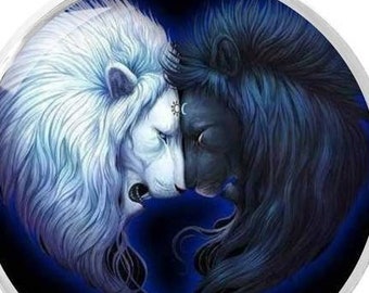 Yin Yang Lion Lovers Necklace: Stainless Steel Pendant, 22 Inch Chain