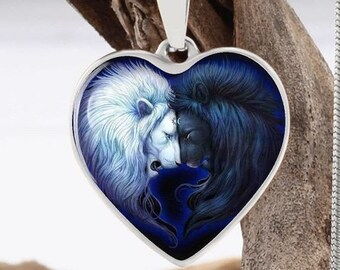 Yin Yang Lion Lovers, Lightness and Darkness, A Celestial Yin Yang Heart Necklace, The Sun and Moon, Magical Lions Sentimental Gift Necklace