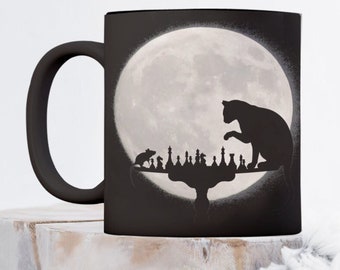Cat Lover Moon and Mouse, HALLOWEEN Theme Unique Gift Cat and Mouse Playing Chess in the Moon Mug Cup Great Gift for Halloween or Anytime