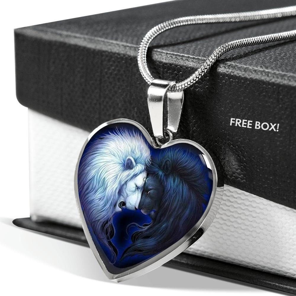 Yin Yang Lion Heart Necklace: Spiritual Stainless Steel Pendant, 22 Inch