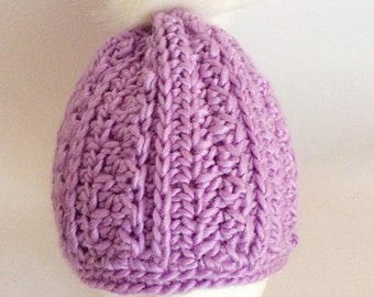 Crochet hat/crochet beanie/crochet Pom Pom hat/winter hat/Acrylic hat/mauve crochet hat/knitted mauve hat/crochet cable beanie/faux fur hat