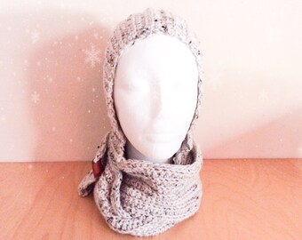 Scoodie de crochê/capuz e cachecol juntos/lenço mais quente de inverno/lenço e chapéu cinza/conjunto de chapéu e cachecol/presente de Natal/presente de aniversário/lenço cinza