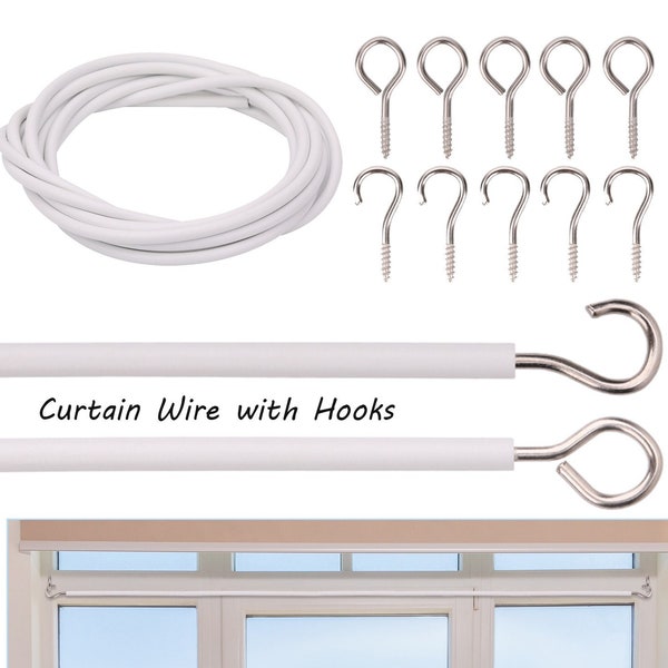 Curtain Wire with 12 Pair of Hook & Eyes Set Multi-Purpose Voile Curtain Wire Cable, Cord Cable Hook and Eyes for Window Net, Craft Projects