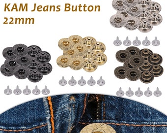 Jean Buttons KAM 22mm No Sew Jean Buttons Metal Replacement Denim Button with Pins for Clothing Repair, Denim, Jeans, Bags, Jackets, Shirts