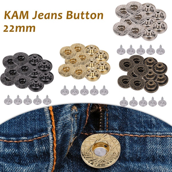 Jean Buttons KAM 22mm No Sew Jean Buttons Metal Replacement Denim Button with Pins for Clothing Repair, Denim, Jeans, Bags, Jackets, Shirts