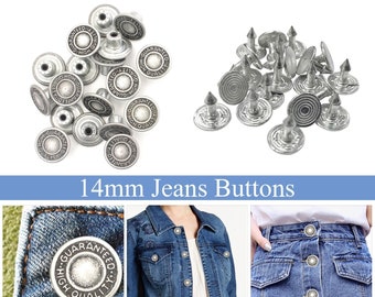 Boutons de Jeans en métal 14 mm Boutons de Jeans de rechange en métal avec épingles pour denim, jeans, vestes, vêtements