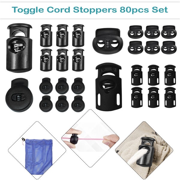 Plastic Spring Toggle Stopper Cord Locks, End Spring Toggle Stopper Slider Single Double Hole Round Cord Locks for Drawstrings, Bags, 80pcs