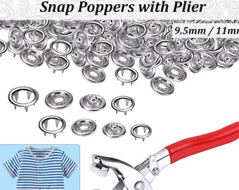 9.5mm Snap Poppers with Plier Tool Prong Ring Fasteners Prong Snaps for Baby Clothing, Baby Grows, Bibs, Leathercrafts, Sewing Jeans Wear