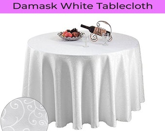 Damask Round Table Cloth Branch Swirl Pattern Tablecloth White Table Cloth for Wedding, Banquet, Birthday, Indoor & Outdoor Party Decoration