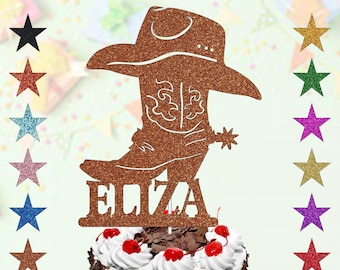 Cowboy Cake Topper, Glitter Cowboy Boot & Hat Cake Topper with Personalised Any Name for Kids Boy Men Cowboy Theme Birthday Party Supplies