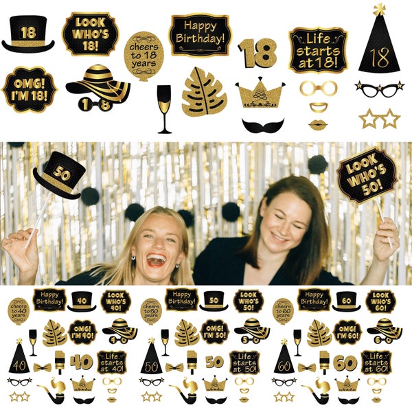 Birthday Photo Booth Props Funny Selfie Props Birthday Party Props Black & Gold with Glitter 18/40/50/60th Birthday Celebration Accessories