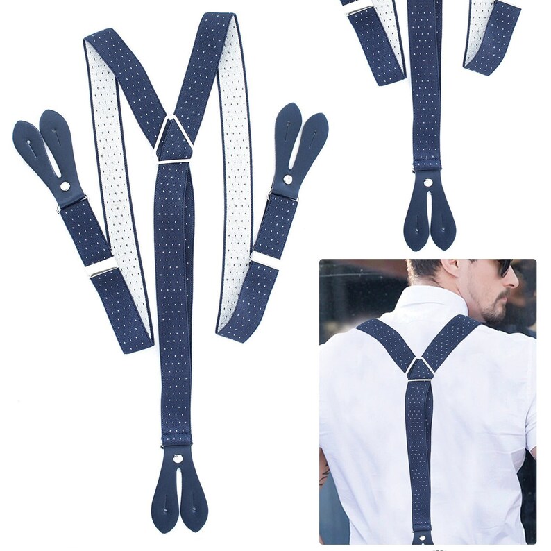 Men's Suspenders 25mm Y Shape Navy with White Dots Elastic Braces for Wedding, Fashion Accessory, Trousers, Denims, Formal & Casual Wear zdjęcie 1