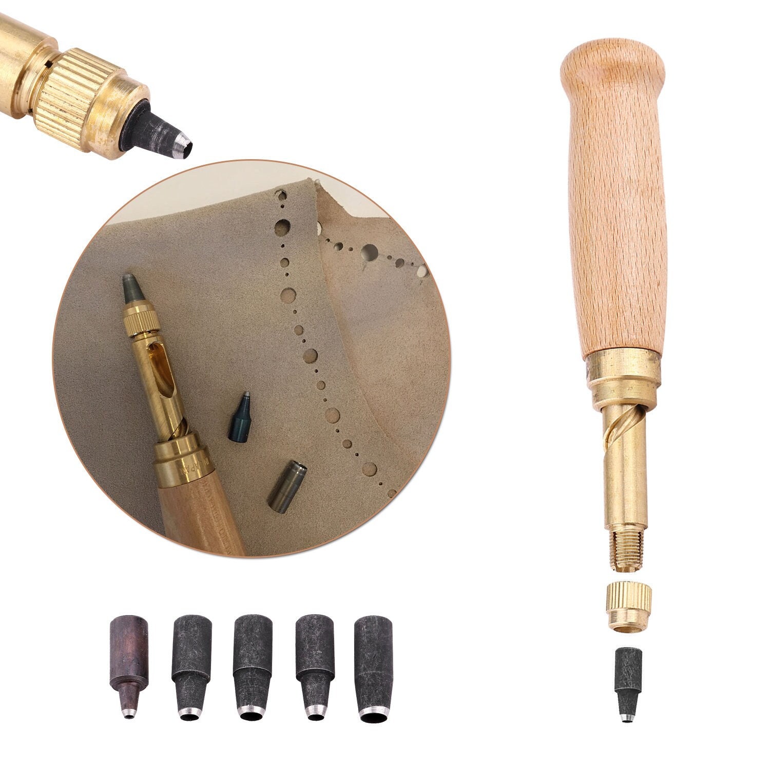 Hole punch, Japanese screw punch, brass / steel / wood, 5-1/4 inches with  1.75-4mm punch bits. Sold per 7-piece set. - Fire Mountain Gems and Beads