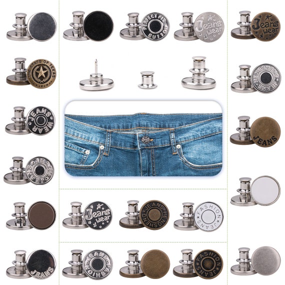 10 Sets Button Pins for Jeans, 17mm No Sew Replacement Jeans Button Pins,  Adjustable Instant Jeans Buttons, Removable and Reusable Metal Jeans Button  Pins for Denims Jackets Jeans Pants, Silver