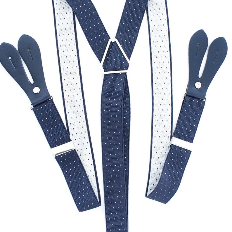 Men's Suspenders 25mm Y Shape Navy with White Dots Elastic Braces for Wedding, Fashion Accessory, Trousers, Denims, Formal & Casual Wear zdjęcie 2