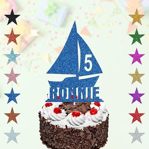 Personalised Boat Cake Topper Glitter Birthday Cake Topper Ship Cake Topper Boys Cake Topper Any Name Any Age Birthday Celebration