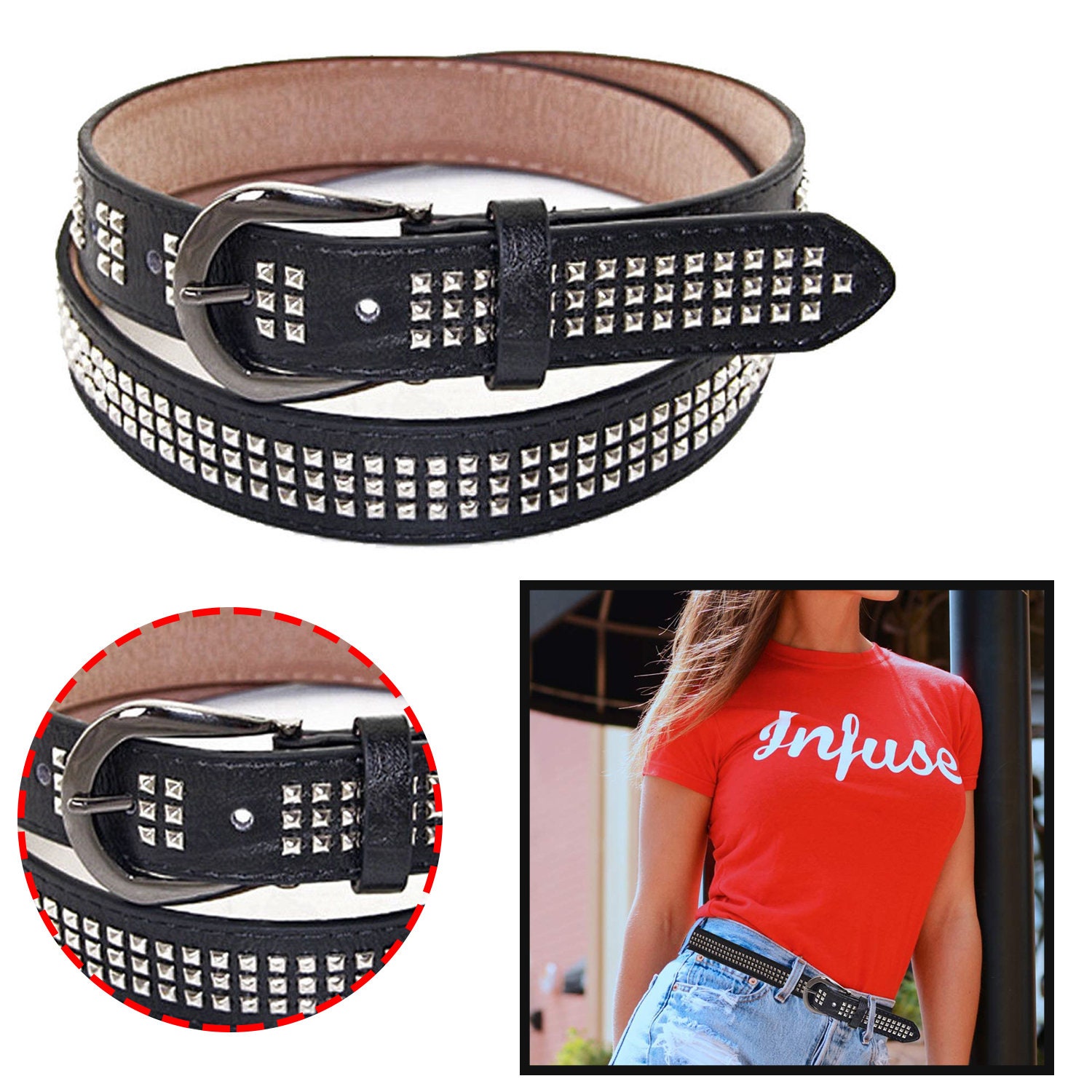 Black Punk Belt PU Leather Stylish 