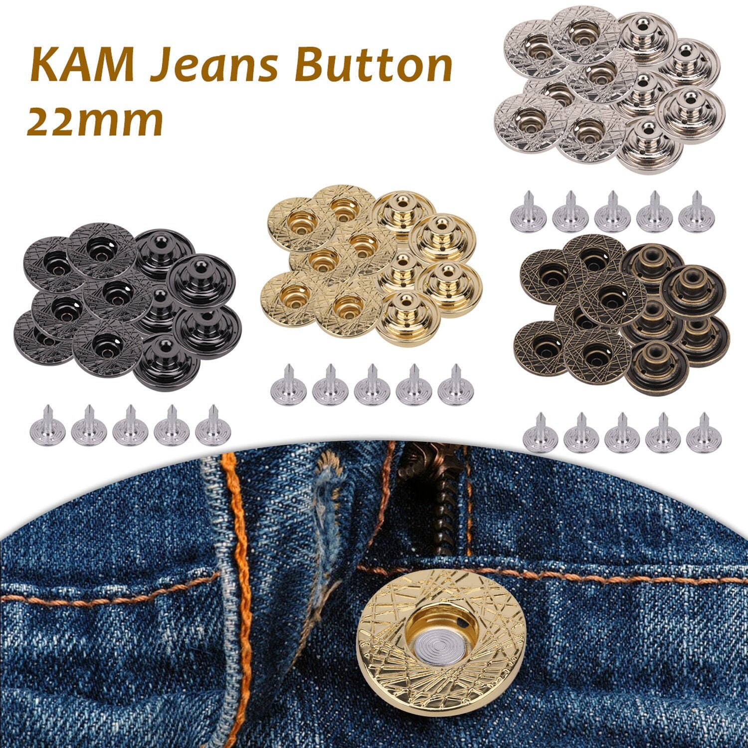 No Sew Jean Button Replacement Instant Fit Metal Jeans Button Pins Tool  Free Reusable Adjusting Buttons for Denim Crafts, 17mm 