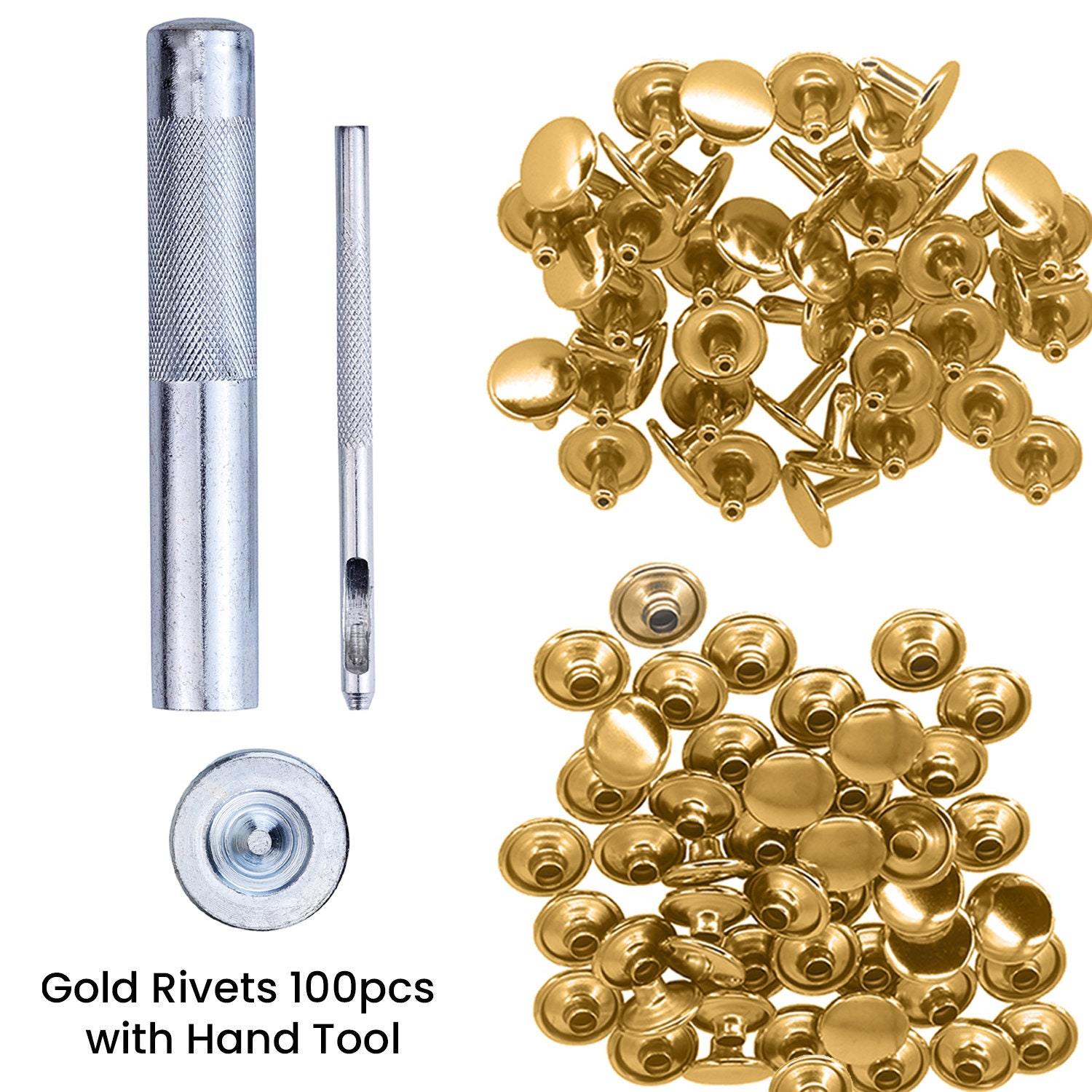 Double Cap Rivets, Brass Two Pieces 3 Set Setting Tool Kit Rapid Stud Rivets  Leather Art & Craft Fabric Clothing Repair, 100pcs 
