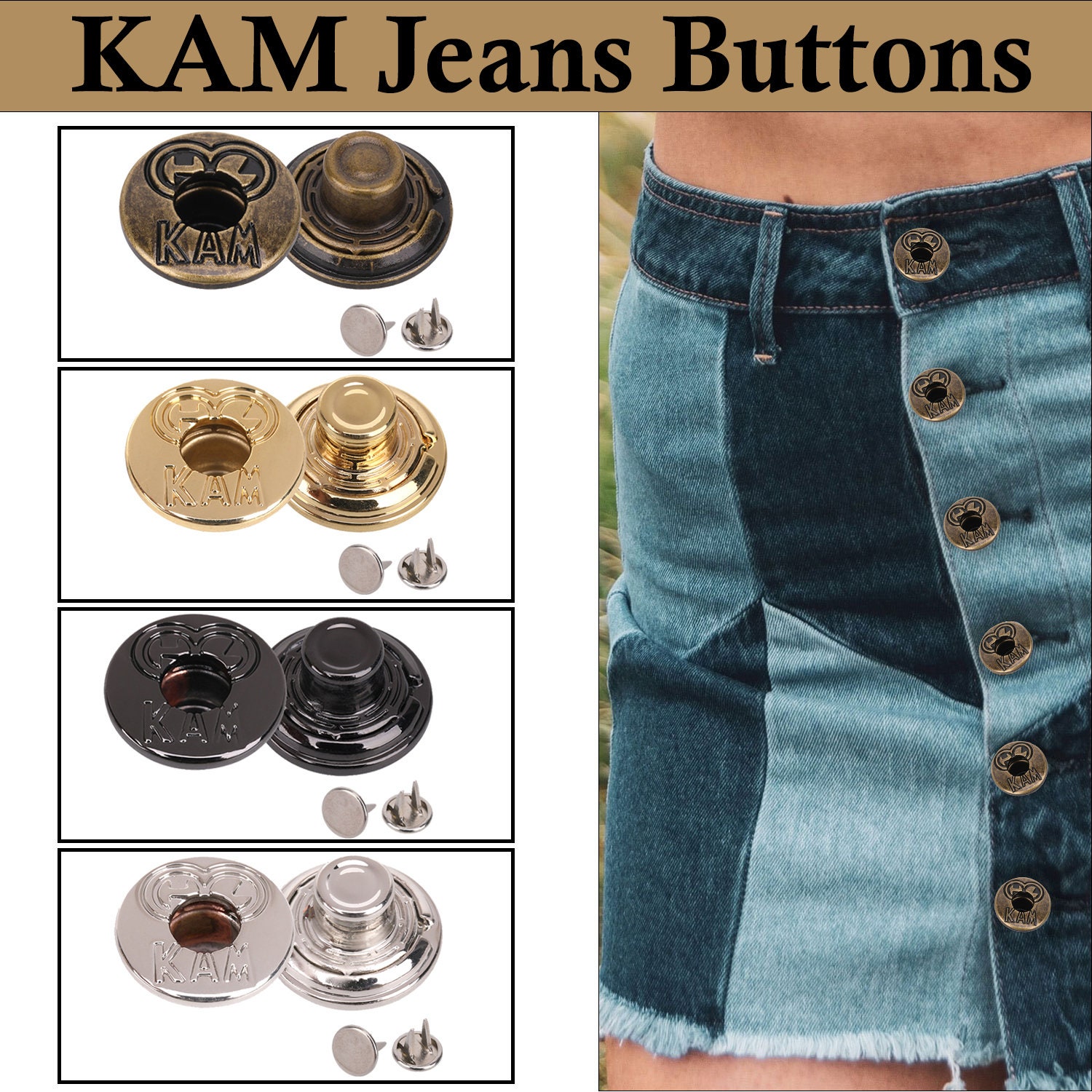KAM 17mm Jeans Buttons No Sew Jean Button Replacement Metal Jeans Button  With Pins Reusable for Clothing Repair, Denim, Jeans, Jackets, Bags 