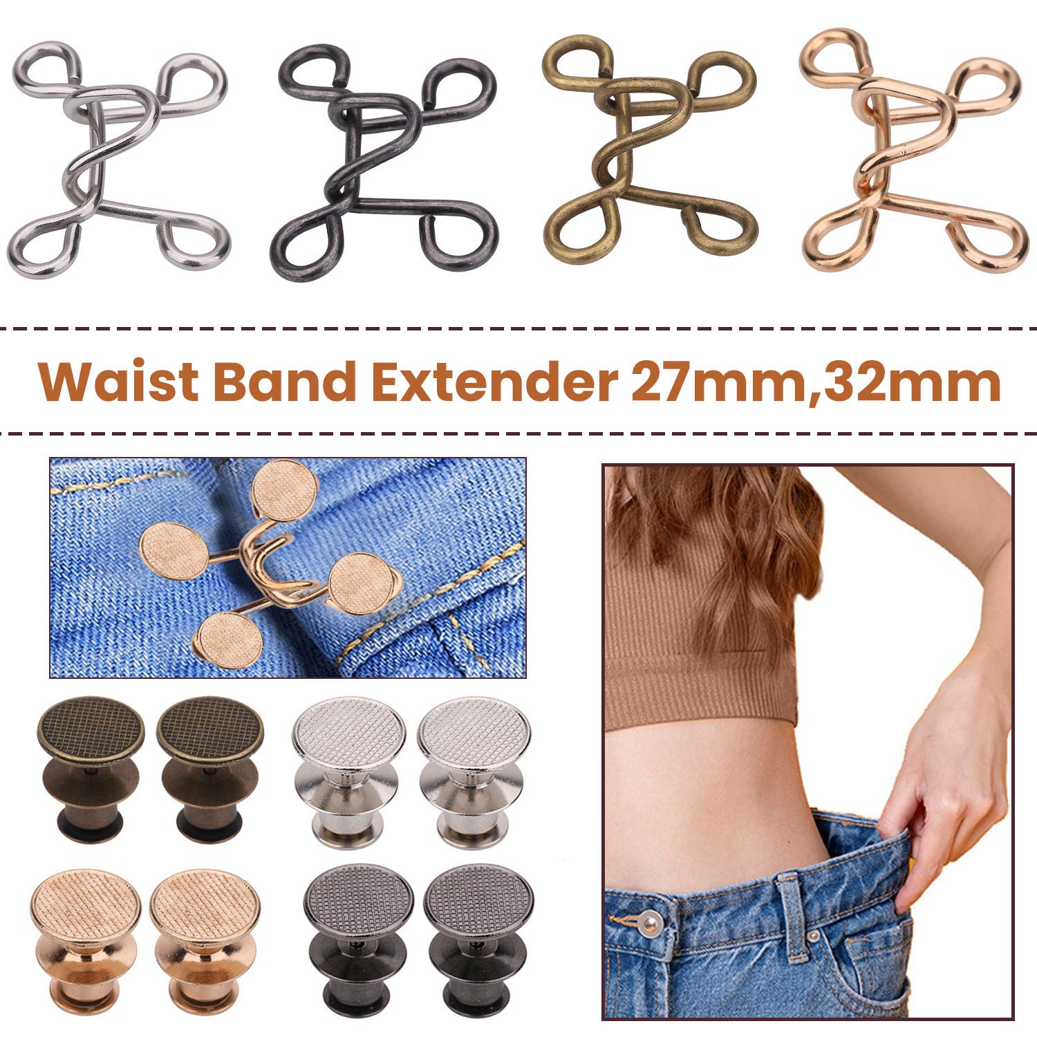 Waistband Tightener, Waist Tightener for Trousers 4 Sets Jean Buttons Pins,  No Sewing Required Pant Waist Tightener Adjustable Waist Buckle Extender