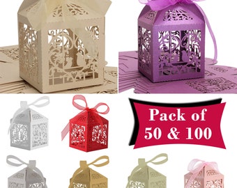 Wedding Favour Boxes, Laser Cut Gift Favour Box with Ribbon Candy Gift Boxes for Wedding, Birthday, Christmas Present, Surprises Decoration