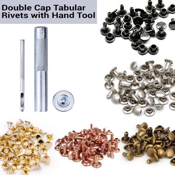 Rivets tubulaires à double capuchon (laiton) et 3 outils à main pour l'artisanat du cuir, les sacs, les ceintures, 4 mm à 15 mm, 100 pièces