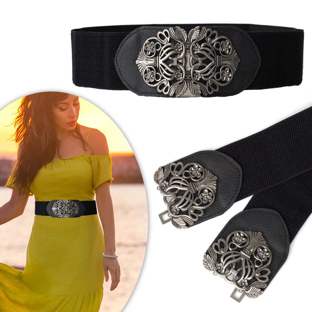 Black Women Waist Elastic Belt For Dress 60mm Gold Buckle, Size