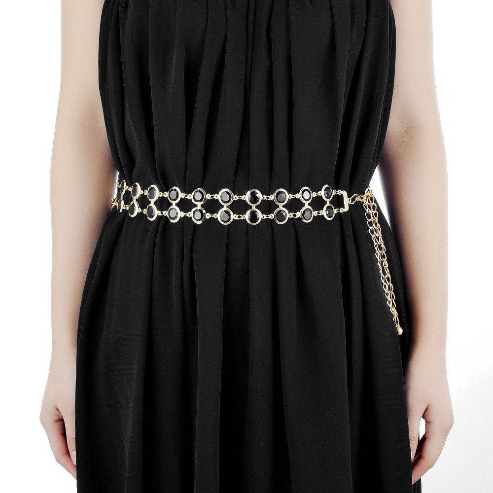 44 Women Waist Belt with Black Beads Gold Chain Gold Etsy