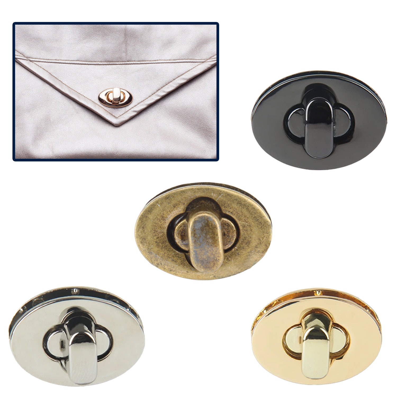 Supvox 4pcs Clasp Turn Lock Metal Hardware Oval Craft Case Clasp Flip Lock Purse  Twist Turn Lock DIY Handbag Shoulder Bag Closure Purse (Light Golden,  Black, Silver, Rose Gold) : Amazon.in: Bags,