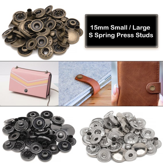 PRYM Small 4GB S Spring Press Studs, 15mm Brass Snap Fastener Matt Black  Plastic Cap No-Sew Buttons for Clothing, Wallets, Clutches, Jackets,  Handbag, DIY Leathercrafts, Silver, 50pcs 