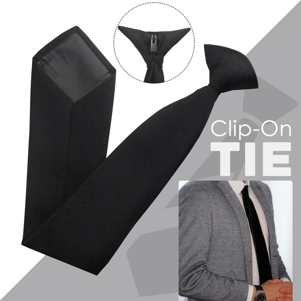 Men's Necktie Plain Black Color Clip on Neck Ties Work Security Neckties for Wedding, Party, Formal & Casual Wear