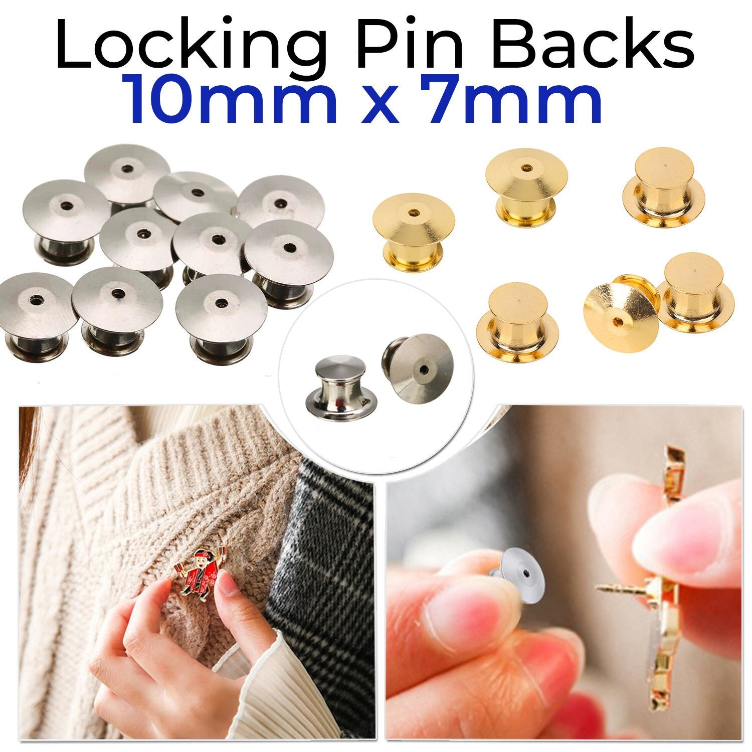 10mm X 7mm Silver/gold Locking Pin Back Fastening Clasp Badge Back