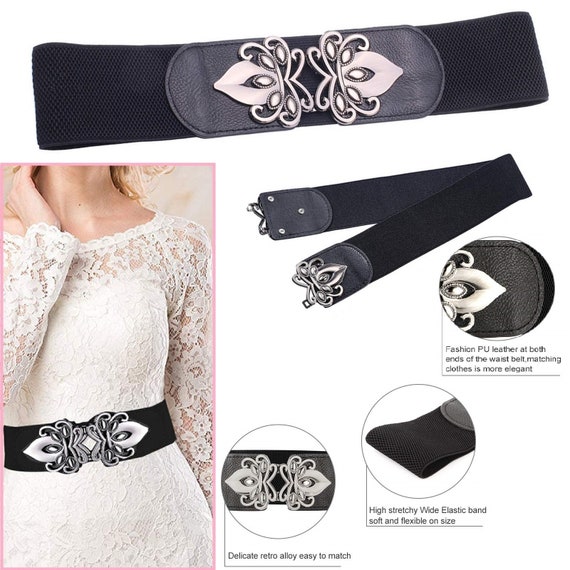 Trimming Shop Women/’s Black Stretchable Wide Waist Belt Clasp Buckle Elastic Band Clip-on Cinch Trimmer Fashion Accessory for Girls Dresses One Piece Gowns
