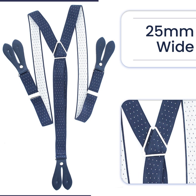 Men's Suspenders 25mm Y Shape Navy with White Dots Elastic Braces for Wedding, Fashion Accessory, Trousers, Denims, Formal & Casual Wear zdjęcie 6