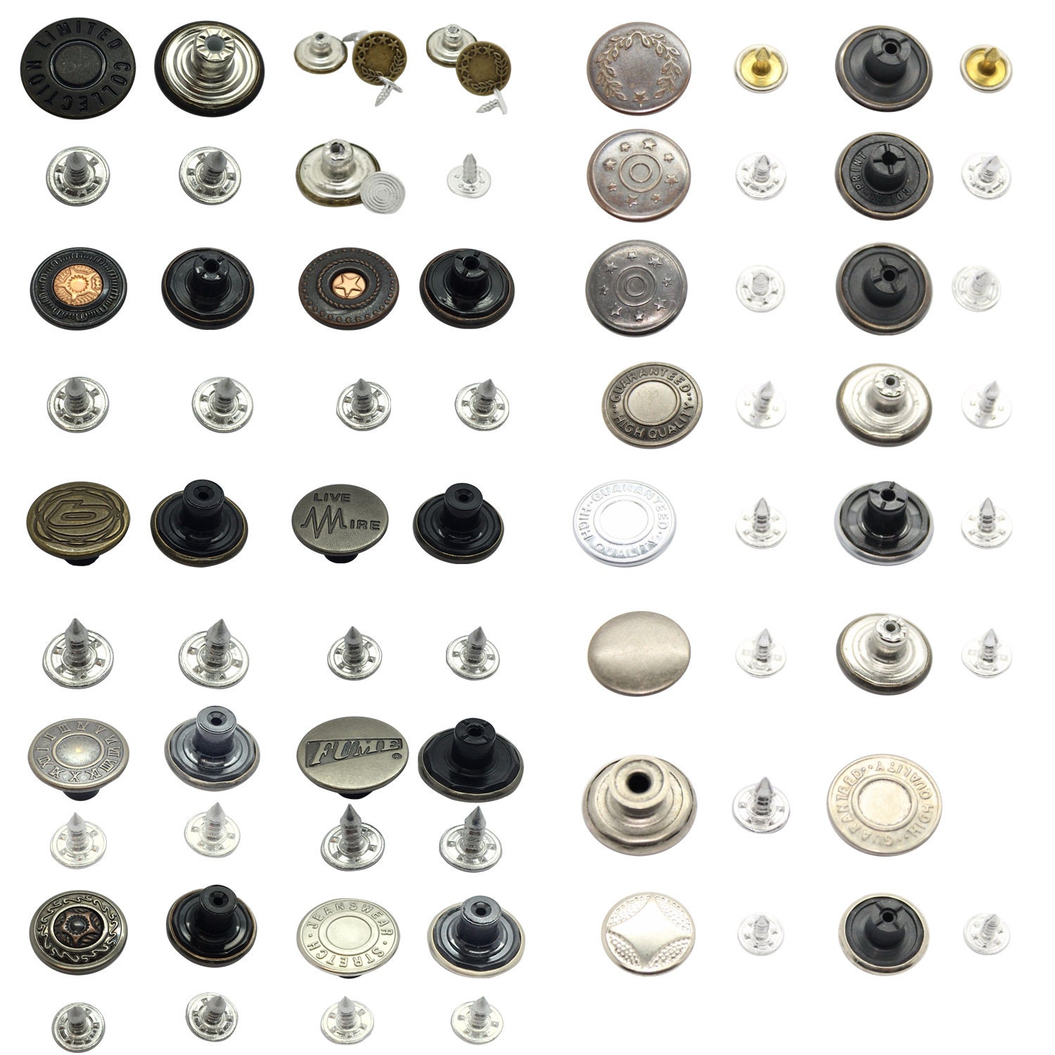 100 Sets Button Pins for Jeans Adjustable 15mm Embossed Pattern