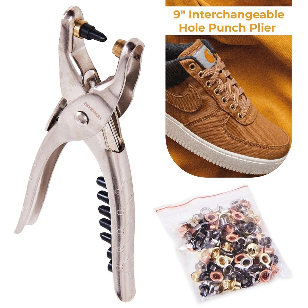 Interchangeable Hole Punch & Eyelet Plier Eyelets Puncher Leather Hole Punch  With 6 Tips Size for Crafts, Craft Projects, Belt, Shoes 
