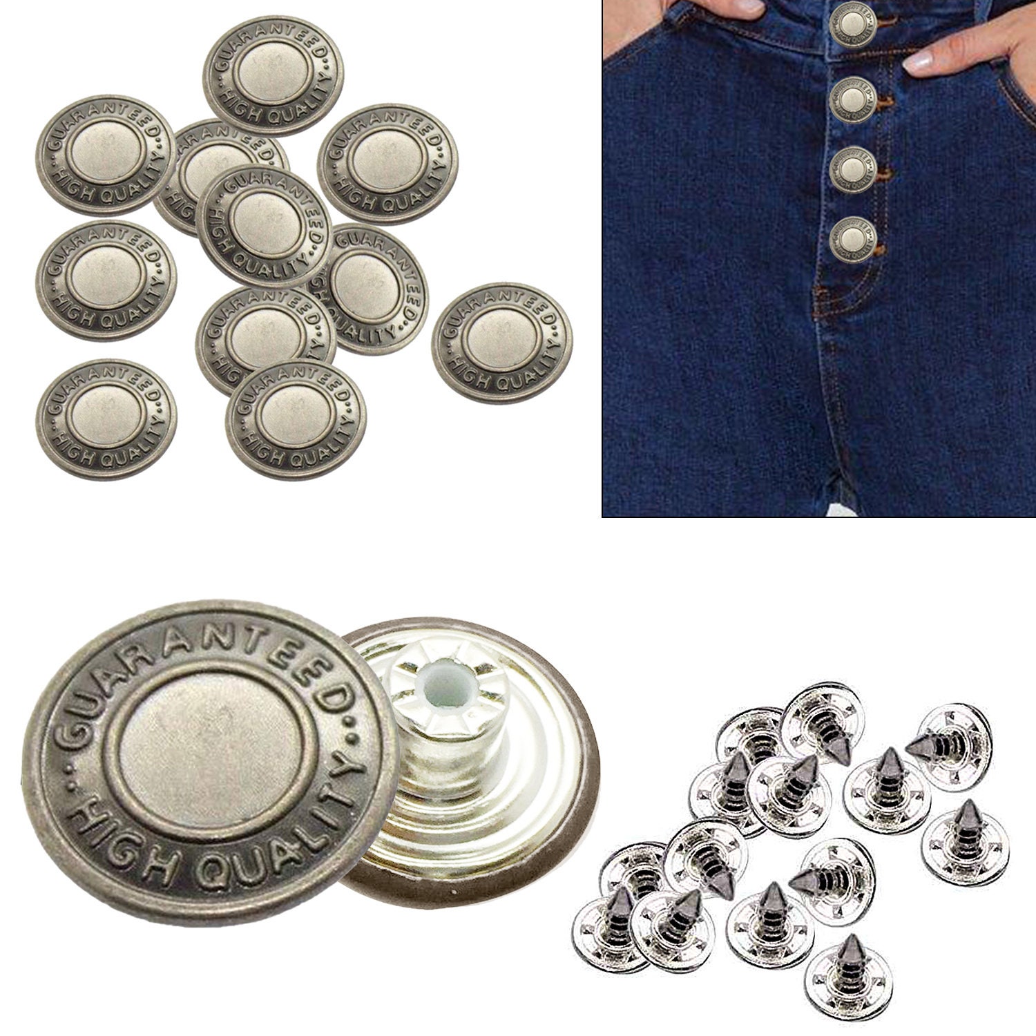 6pcs 17mm Full Silver Jeans Denim Buttons Hammer Press on Repair Replace  Tack Replacement Hook Trousers Chino Skirt Pants Jacket Shorts 