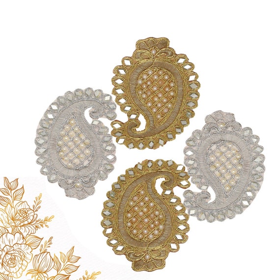 1 Pair Latest Indian Golden Zari Stone Zari Applique/Motif Indian Ethnic style 1 Pair Latest Indian Golden Zari Stone Zari Applique/Motif Indian Ethnic style