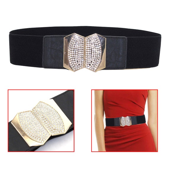 Black Women Waist Elastic Belt For Dress 60mm Gold Buckle, Size