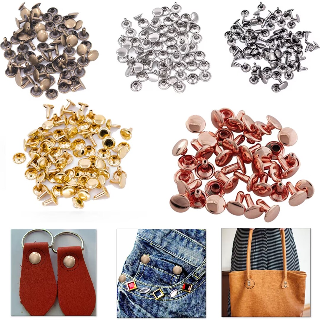 6mm Rainbow Double Cap Rivets,Metal Button Round Jewelry Rapid Rivet,Rivet Studs For Purse Bags Handbags Shoes Jeans Belts Leather Craft DIY 50sets (Light Gold