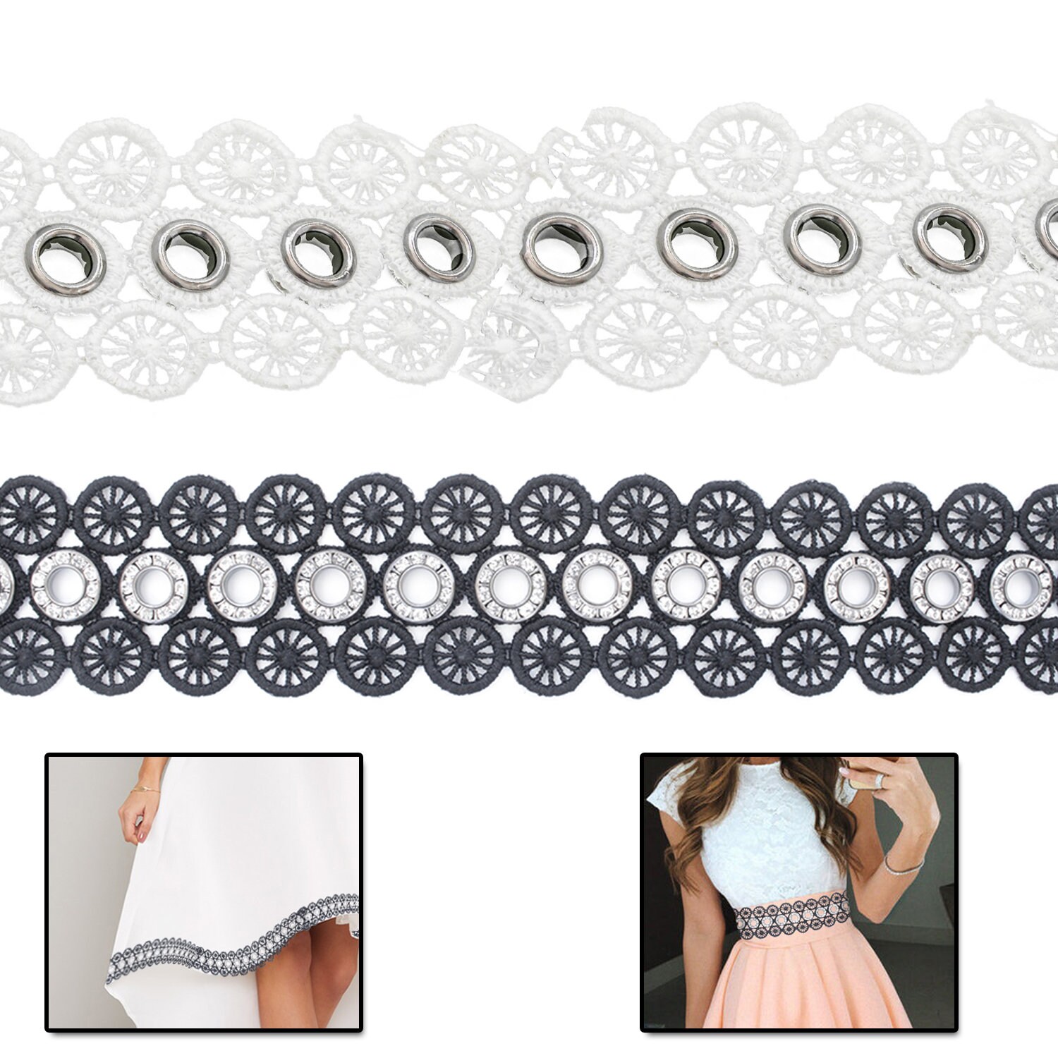 Grommet Studded Lace 40mm Wide Black White Ribbon DIY Sewing Etsy