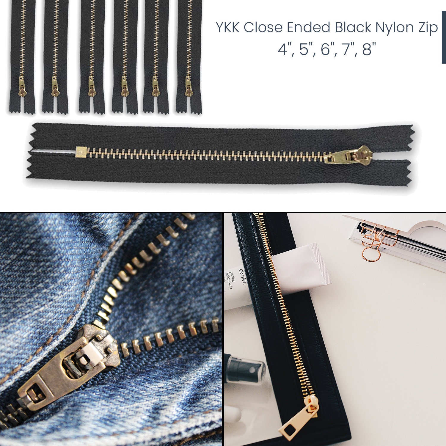 Brass Jean Zipper 4" Black Zip for Sewing Craft 